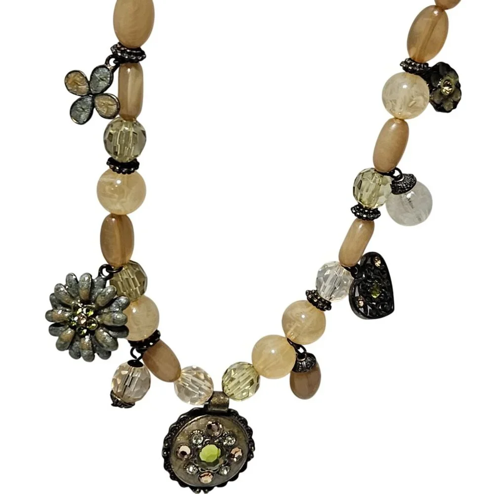 Vintage Yellow Beaded Charm Necklace Green Rhinestone Floral Pendant Jewelry